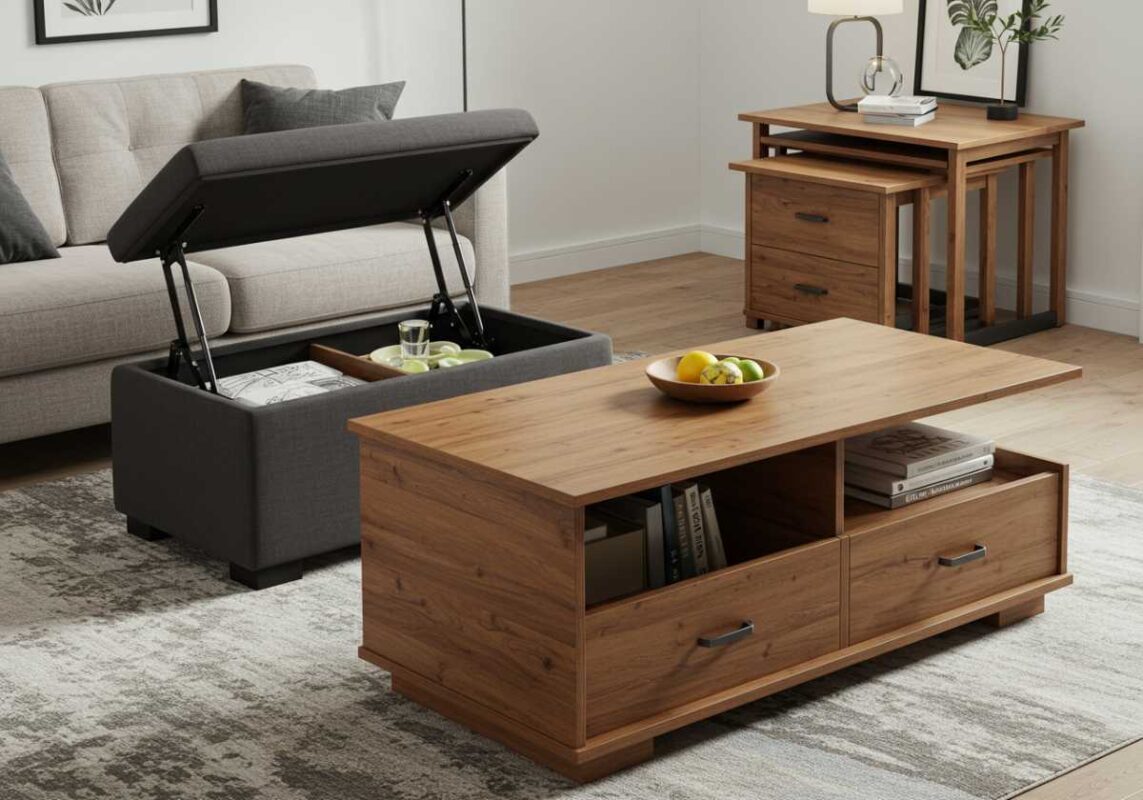 Multifunctional furniture pieces including storage ottoman and nesting tables.