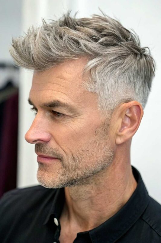 An older man with silver fox textured crop hairstyle.