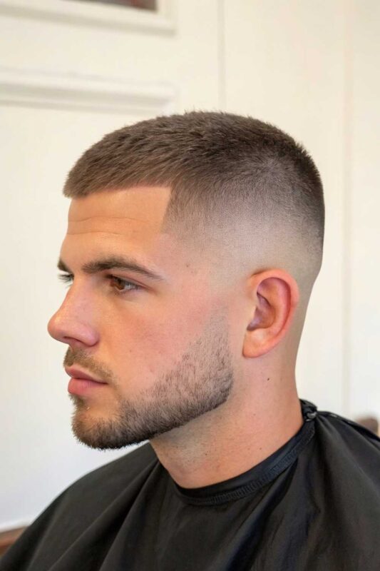 Man with a classic crew cut, featuring tapered sides and a slightly longer top, complemented by a light stubble beard.