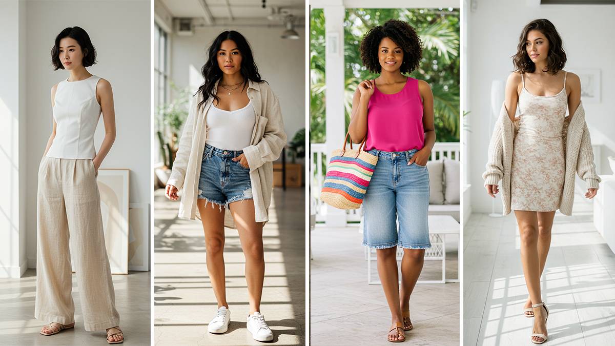 Four models in four different tank top outfit combinations for summer.