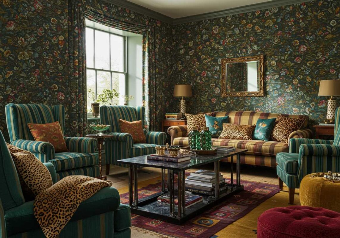 Living room demonstrating successful maximalist pattern mixing with floral wallpaper, striped furniture, geometric rug, and animal print accents in a cohesive color scheme.