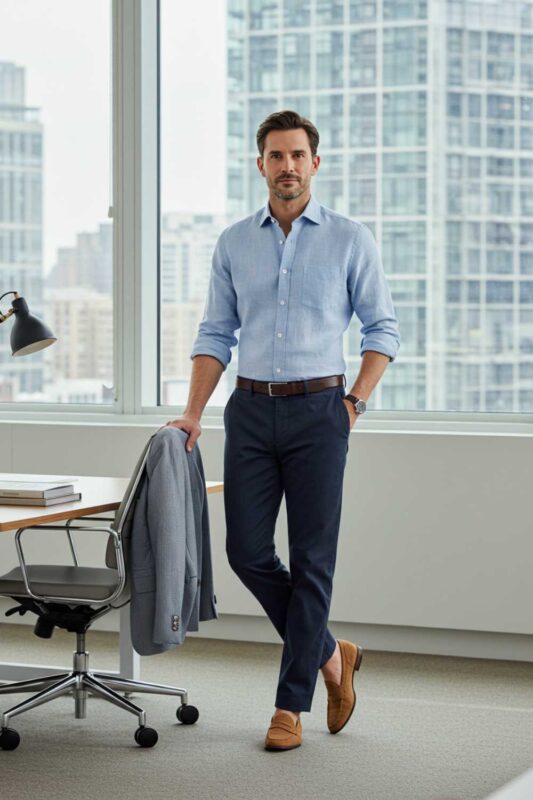 Professional man in light blue shirt and navy pants demonstrating polished summer office style.