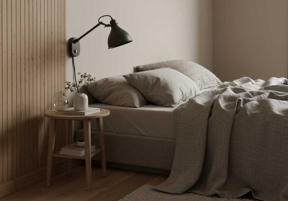 Warm minimalist bedroom featuring natural textures, soft neutral colors, wooden elements.