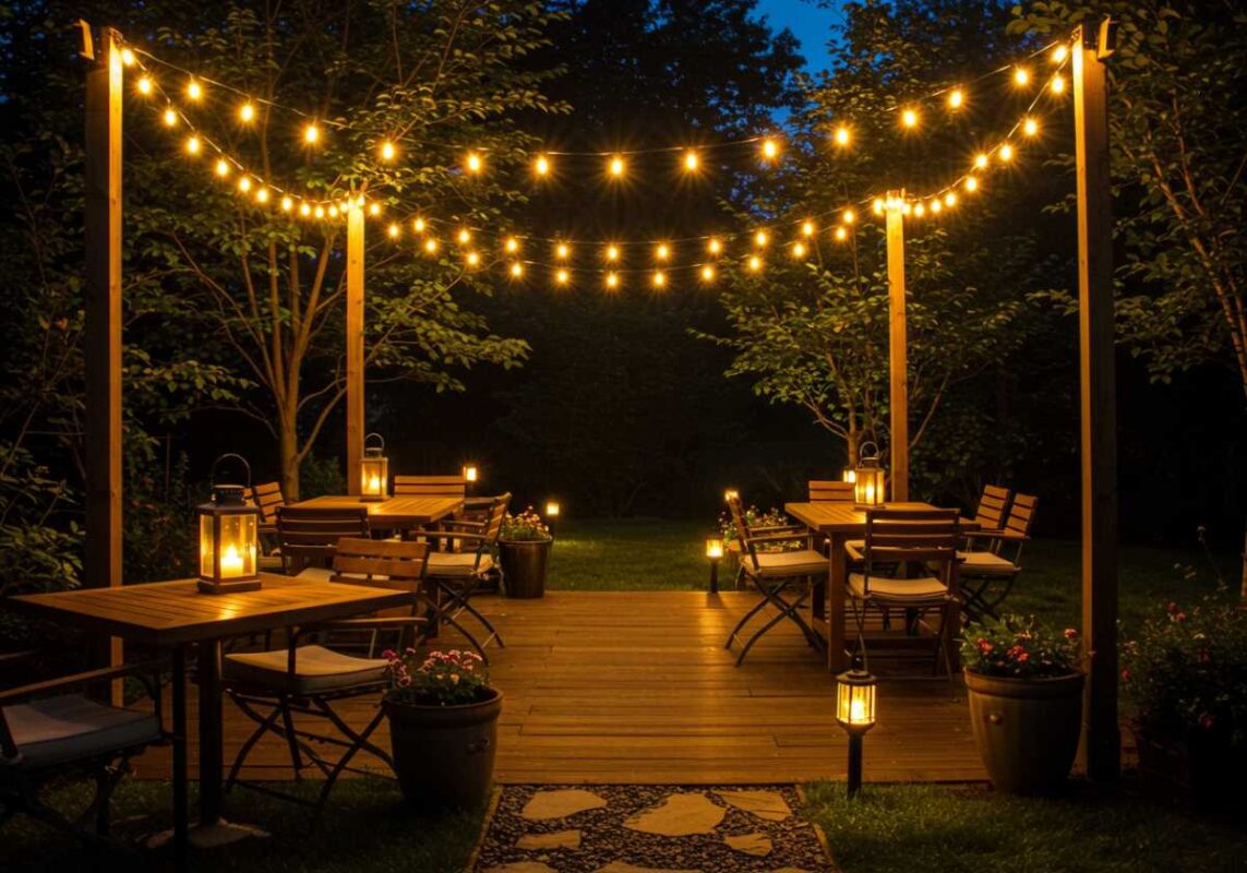 Beautifully lit evening patio with string lights, lanterns, and solar lighting creating a warm, inviting nighttime atmosphere.