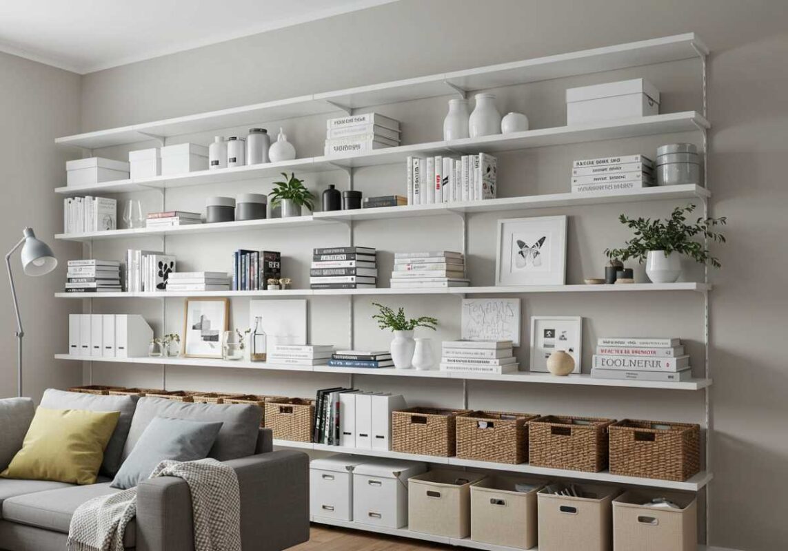 Floor to ceiling floating shelves with books and decorative storage.