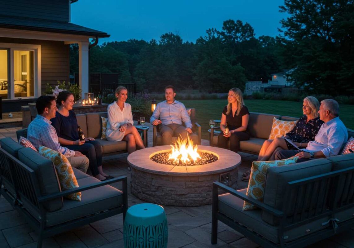 Friends gathered around a modern fire pit on a stylish patio with comfortable outdoor furniture during evening hours.