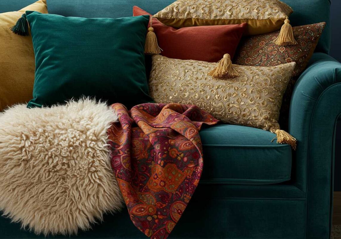 Close-up of maximalist sofa featuring multiple layered textiles including velvet, embroidery, tassels, and faux fur in complementary colors.