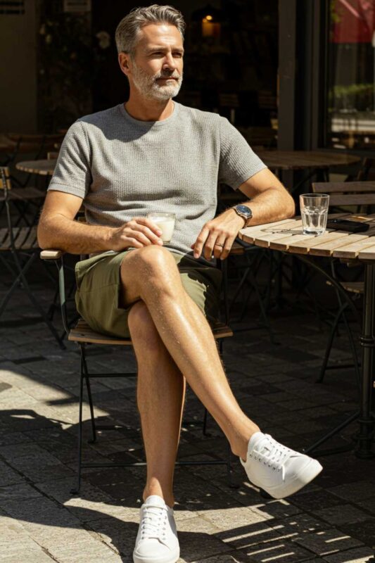 Man wearing fitted chino shorts and textured t-shirt enjoying casual weekend style.