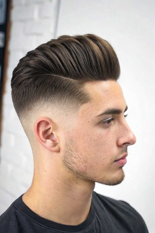 Man sporting a short pompadour hairstyle with volume at the front and clean faded sides, perfect for summer evenings.