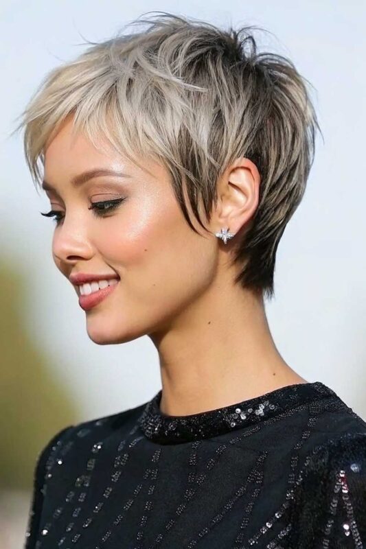 A woman with a Whisper Pixie Bob hairstyle.