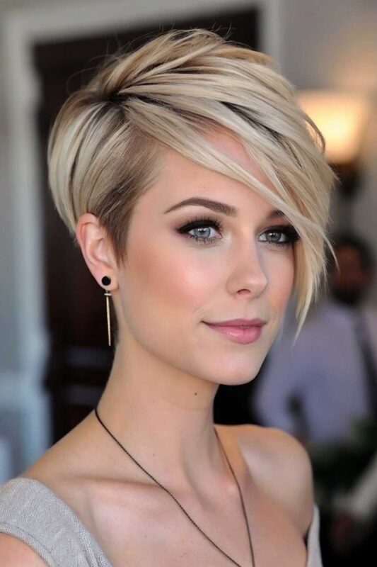 A woman with an angled pixie hairstyle.
