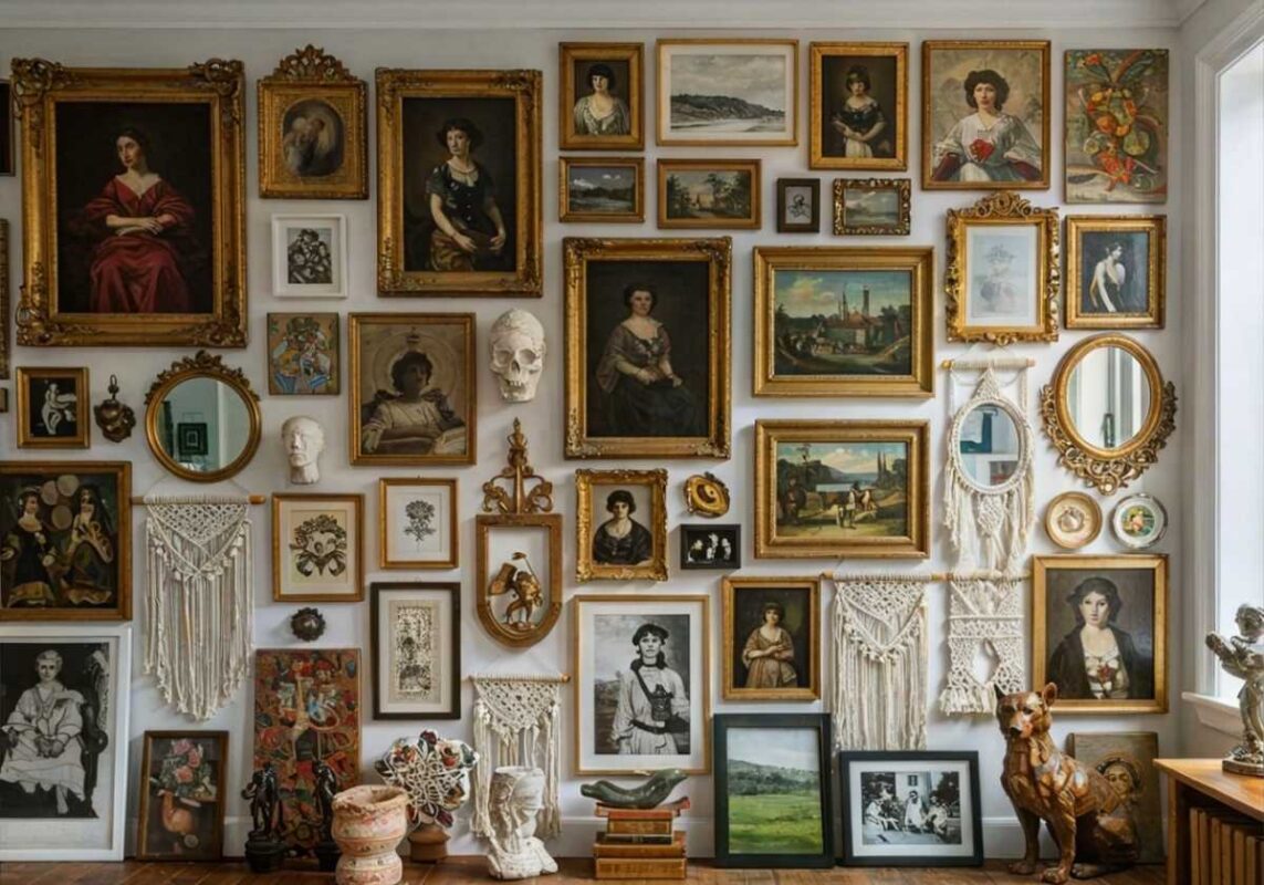 Floor-to-ceiling gallery wall featuring diverse artwork in various frames, incorporating vintage paintings, modern prints, photographs, and three-dimensional objects.