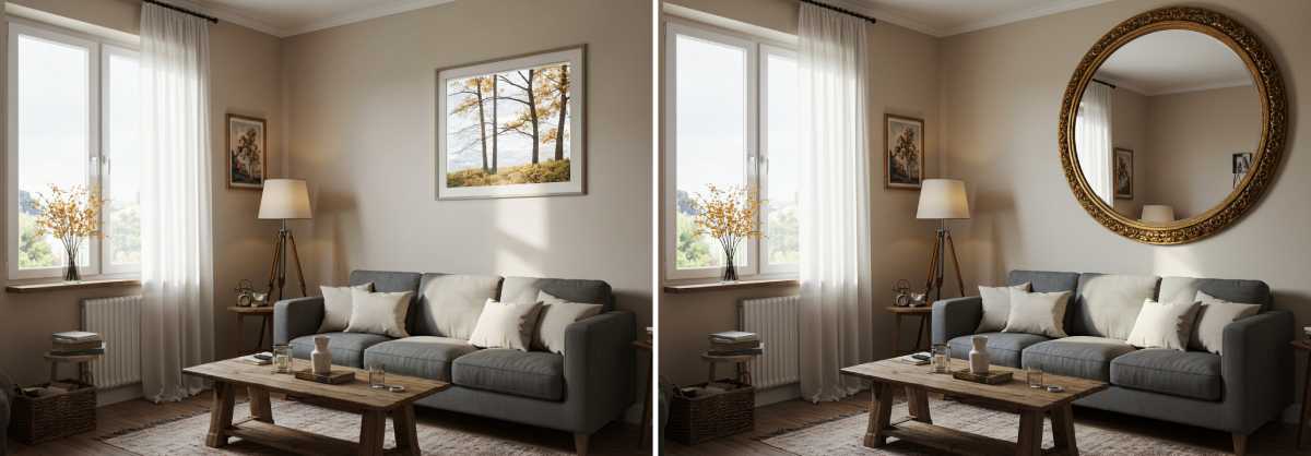 Comparison showing how mirrors create illusion of larger space in small living room.