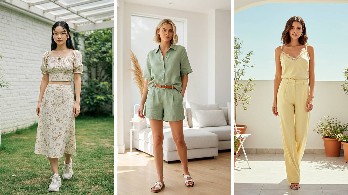 Collage of three trending summer matching sets including linen, floral, and silky styles in fashionable colors.