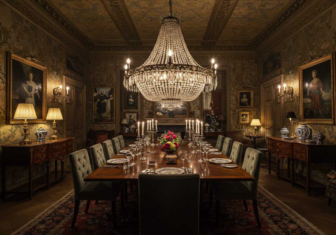 Maximalist dining room featuring large dramatic chandelier as focal point with additional lighting at various heights including sconces, table lamps and candles.