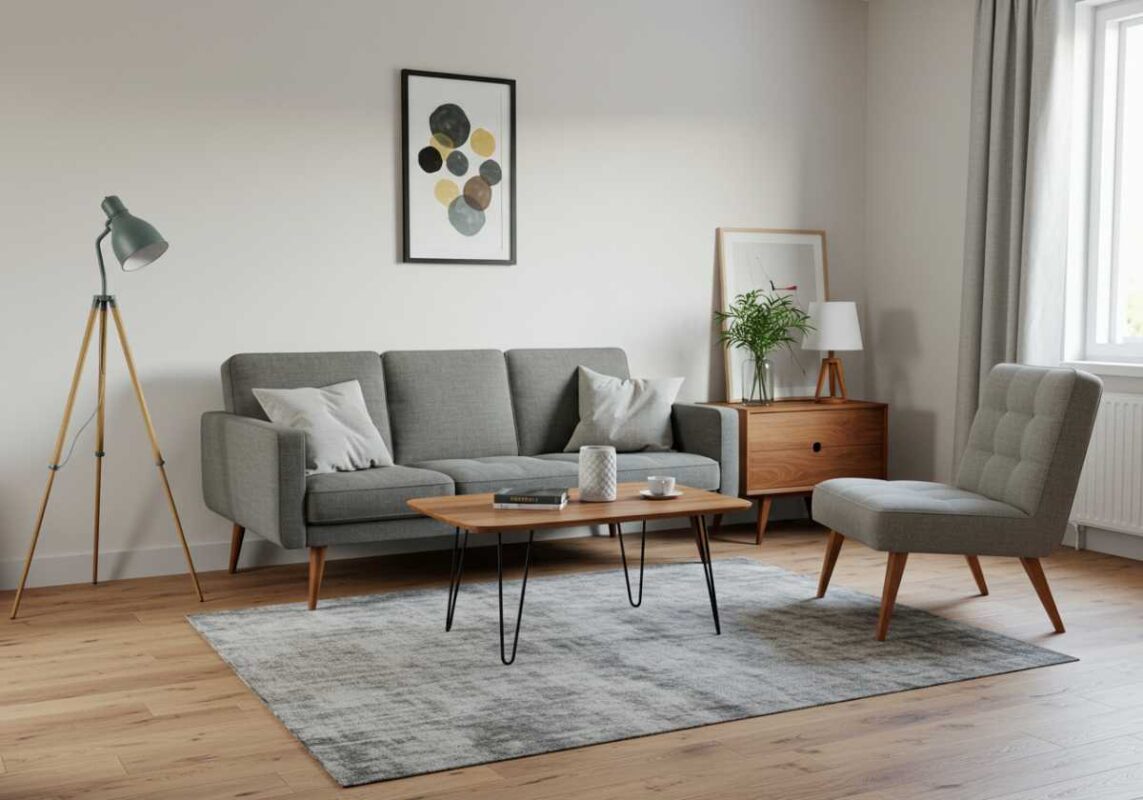 Modern furniture with exposed legs showing floor space underneath.