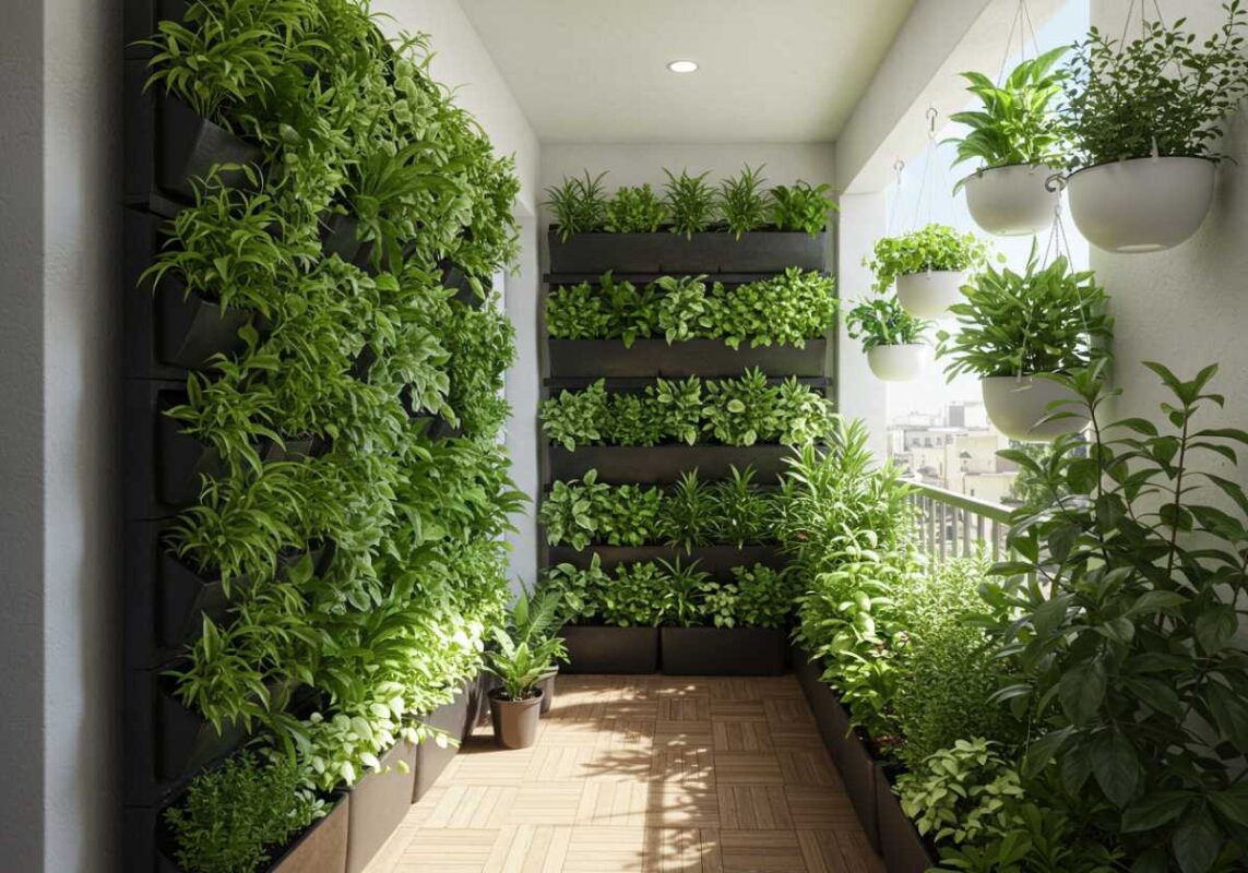 Space-efficient urban balcony featuring a green living wall and hanging plants that create a lush vertical garden in limited space.