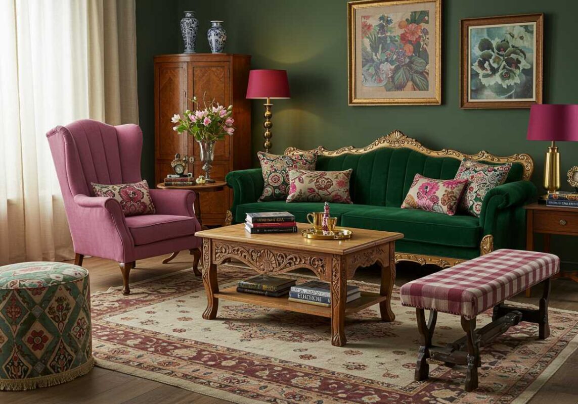 Maximalist living room featuring bold furniture—emerald velvet sofa, fuchsia accent chair, ornate coffee table, and checker-pattern bench—celebrating vibrant style.