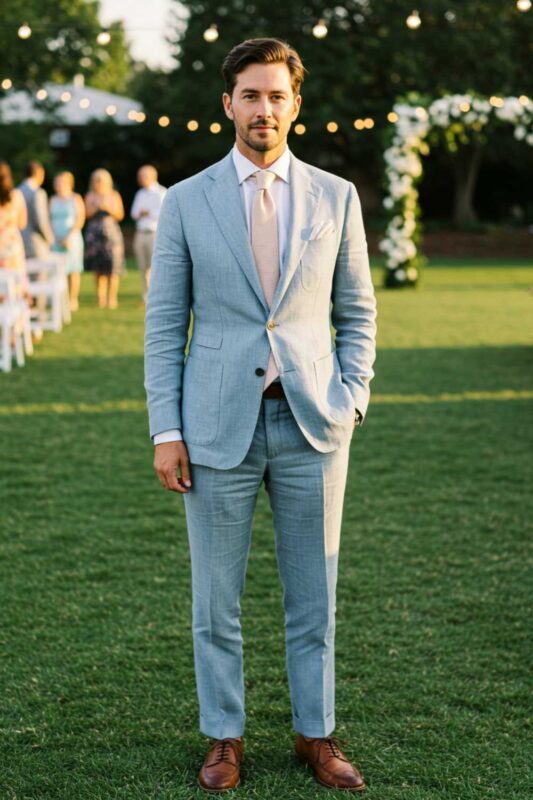 Man in light-colored linen-blend suit at an outdoor summer wedding.