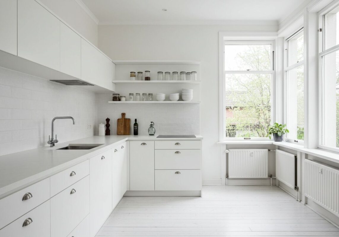 Bright minimalist kitchen with clean surfaces, open shelving, and large windows maximizing natural light.