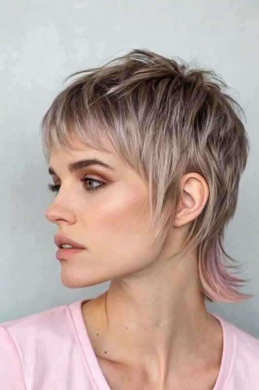 A woman with a modern mullet hairstyle.