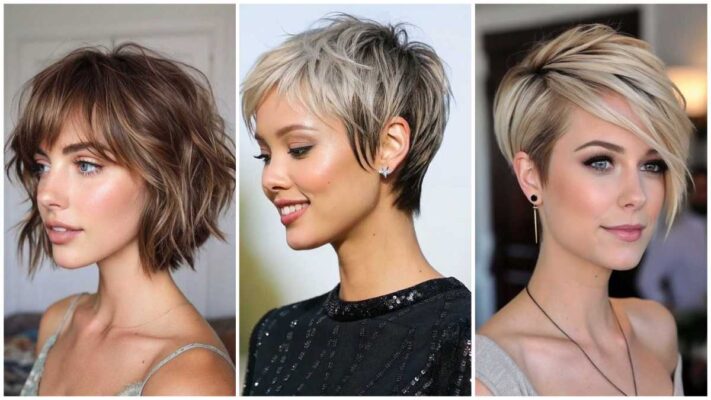 Collage of three women with cowboy bob, whisper pixie bob, and angled pixie hairstyles.