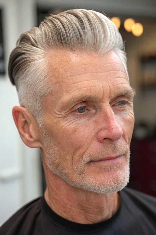 An older man with slicked back top hairstyle.