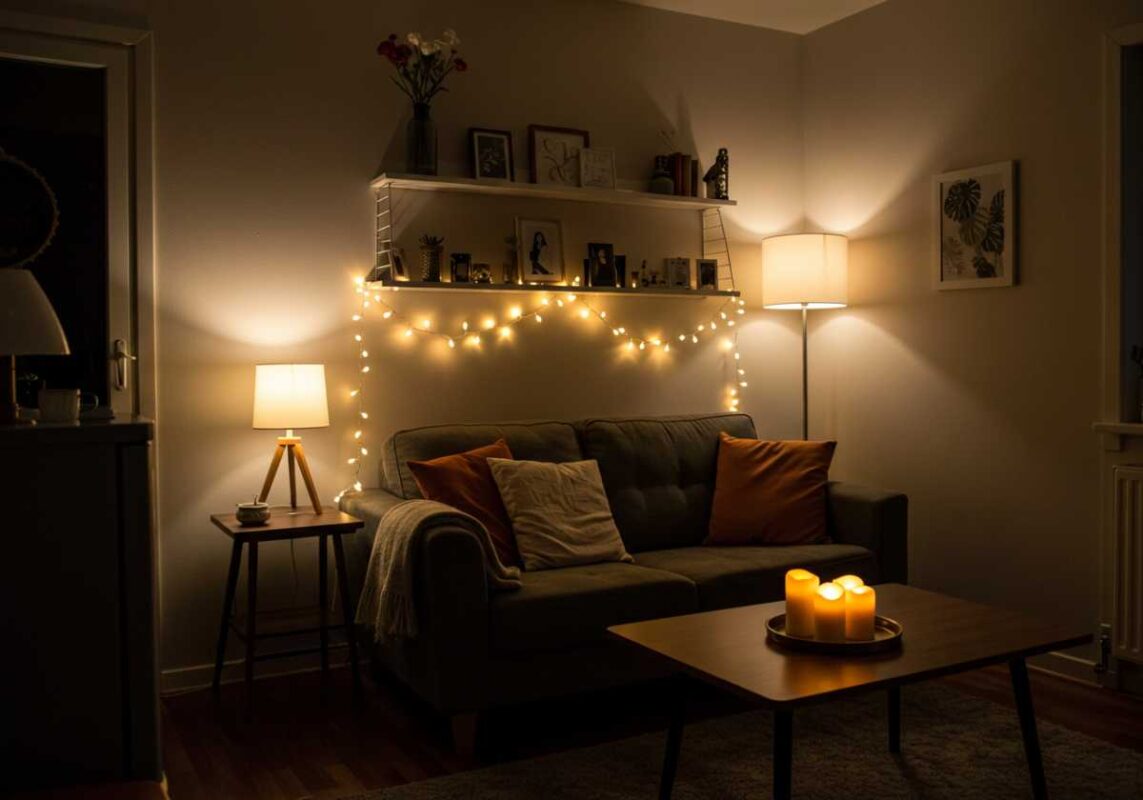 Small living room with layered lighting including lamps, string lights, and candles.