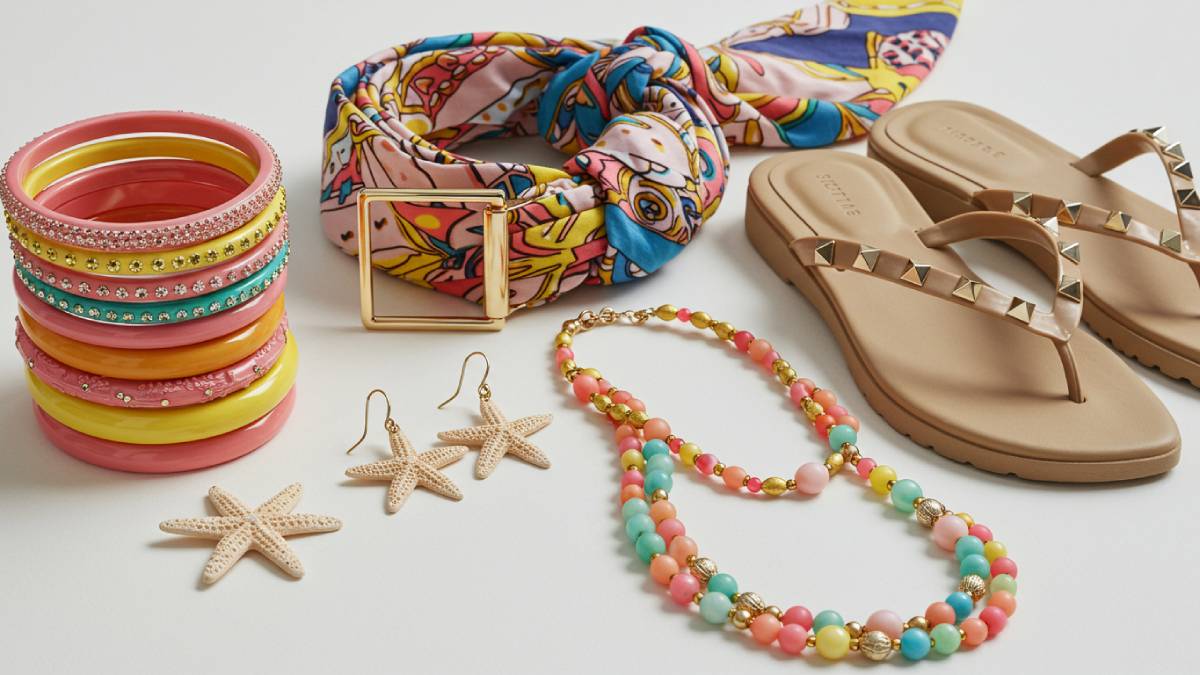 Close-up arrangement of trending summer accessories including resin bangles, scarf belt, flip flops, and beaded necklaces.