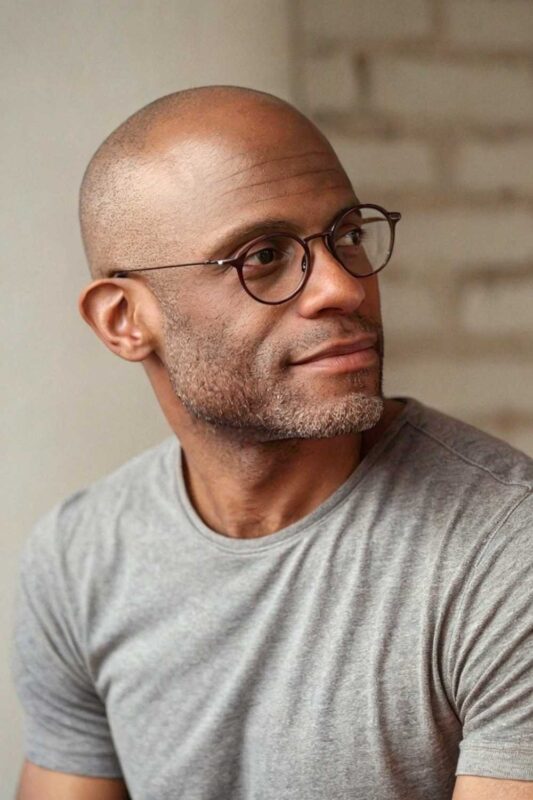 A man with a confident bald look.