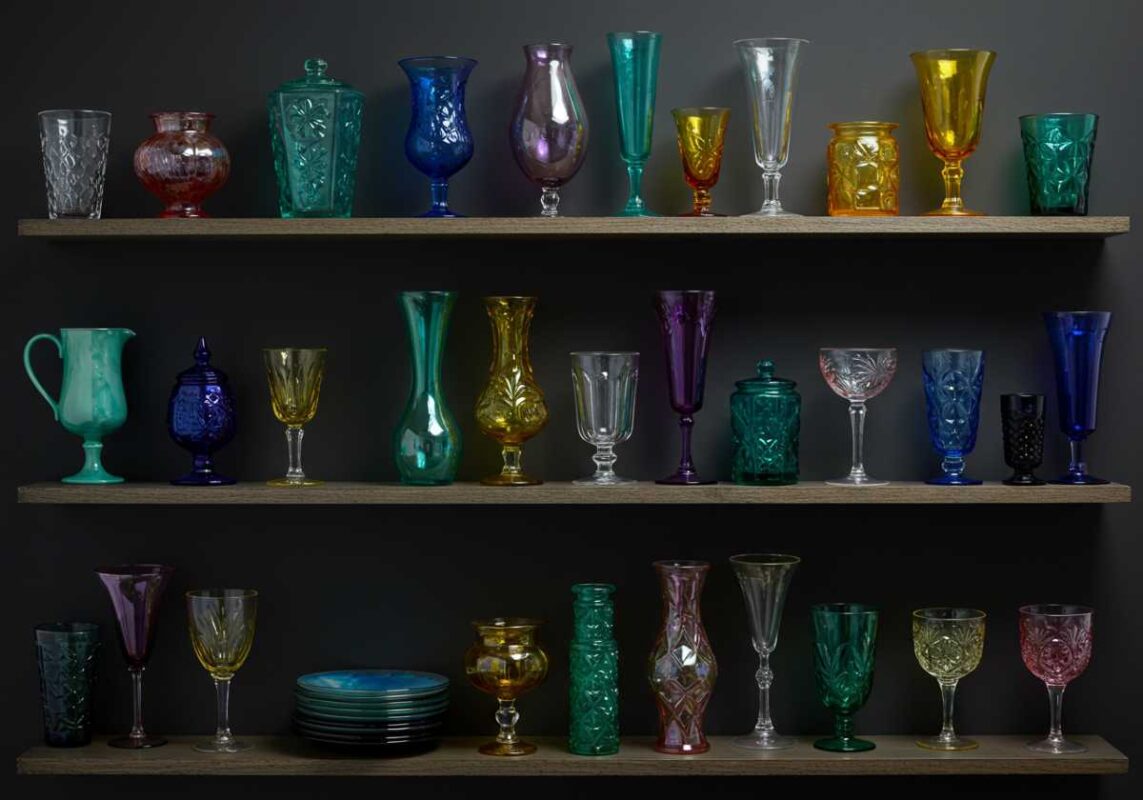 Organized collection of colorful vintage glassware arranged by color spectrum on floating shelves.