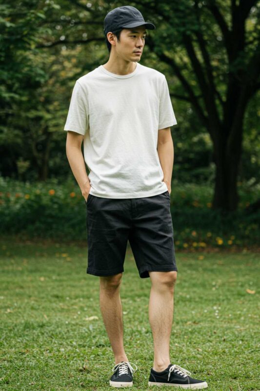 Man wearing eco-friendly summer outfit made from sustainable and organic materials.