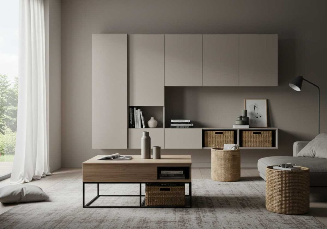 Minimalist room featuring furniture with hidden storage compartments, wall-mounted cabinets, and decorative storage baskets.