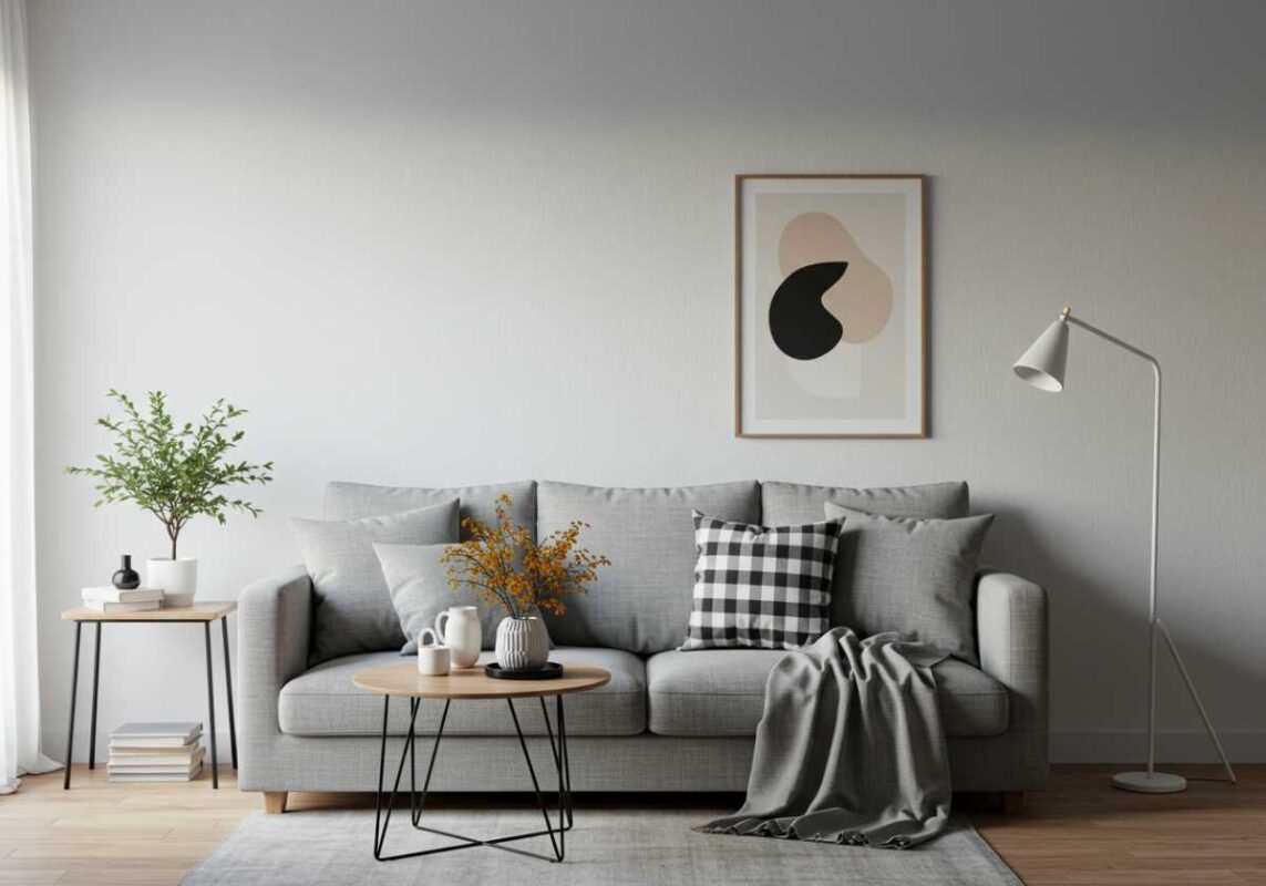 Minimalist small living room with carefully curated personal decorative items.