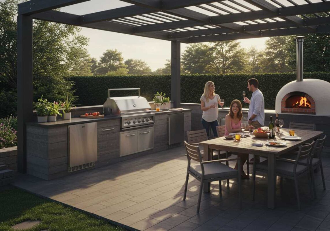 Functional outdoor kitchen featuring built-in appliances, counter space, and nearby dining area for outdoor entertaining.