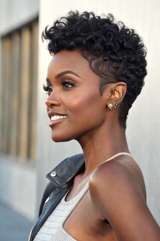 A young woman with pixie hairstyle.