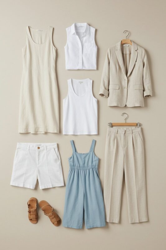 Flat lay of summer capsule wardrobe essentials showing coordinated clothing items that can be mixed and matched.