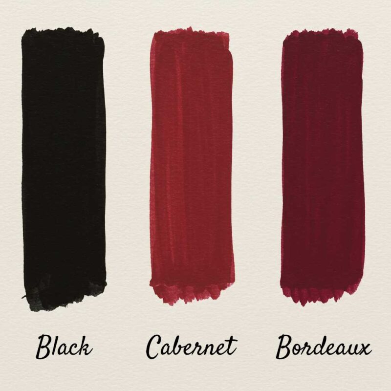 Wedding color palette featuring three elegant painted stripes—Black, Bordeaux, and Cabernet.