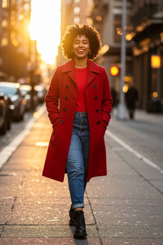 Stylish person confidently walking down a city street wearing a bold cherry red coat during golden hour.