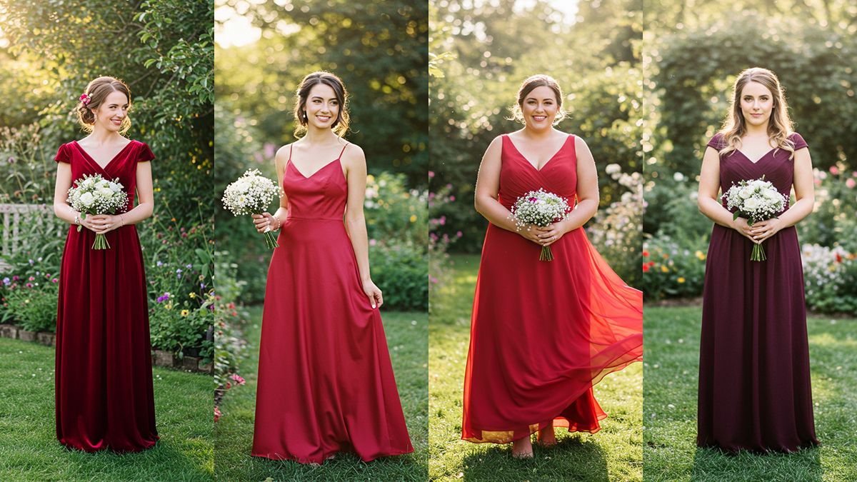 Four bridesmaids wearing different styles and shades of cherry red dresses, showcasing texture variety in velvet, satin, and chiffon.