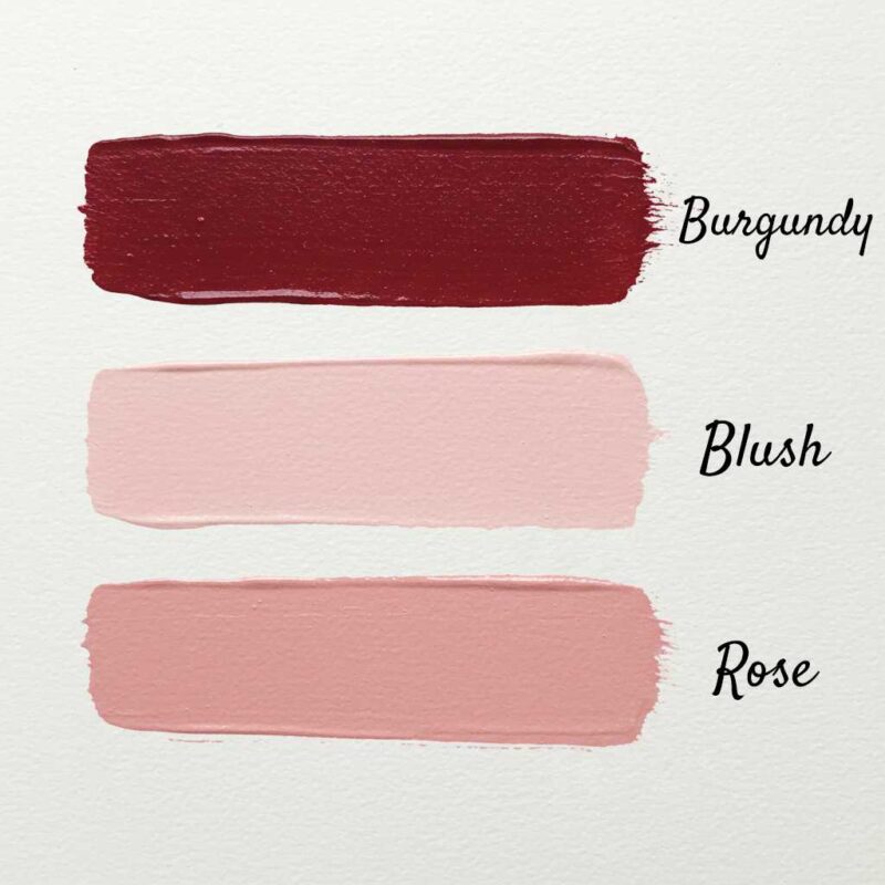 Wedding color palette featuring three elegantly painted color stripes—Burgundy, Blush, and Rosé.