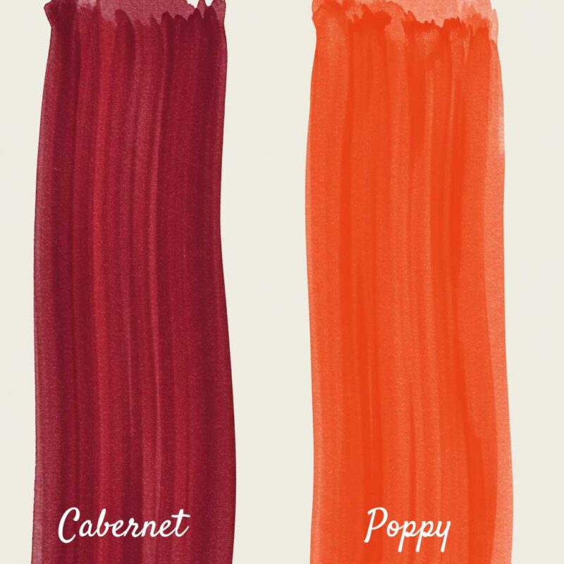 Wedding color palette featuring two elegantly painted color stripes—Cabernet and Poppy.
