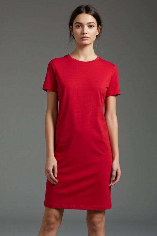 Model in a knee-length cherry red t-shirt dress, embodying a simple, comfortable, and stylish look.