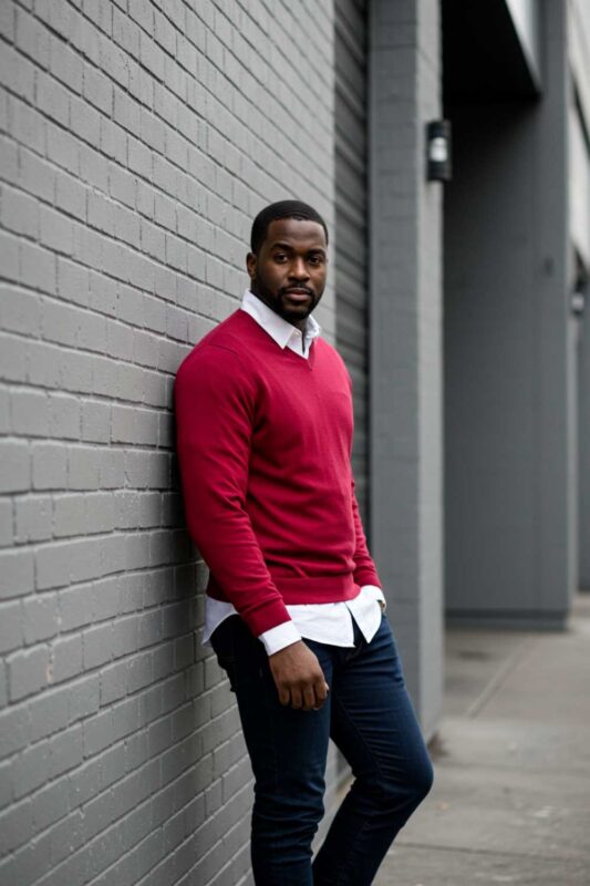 A man in casual outfit with cherry red sweater over button-down and dark jeans.