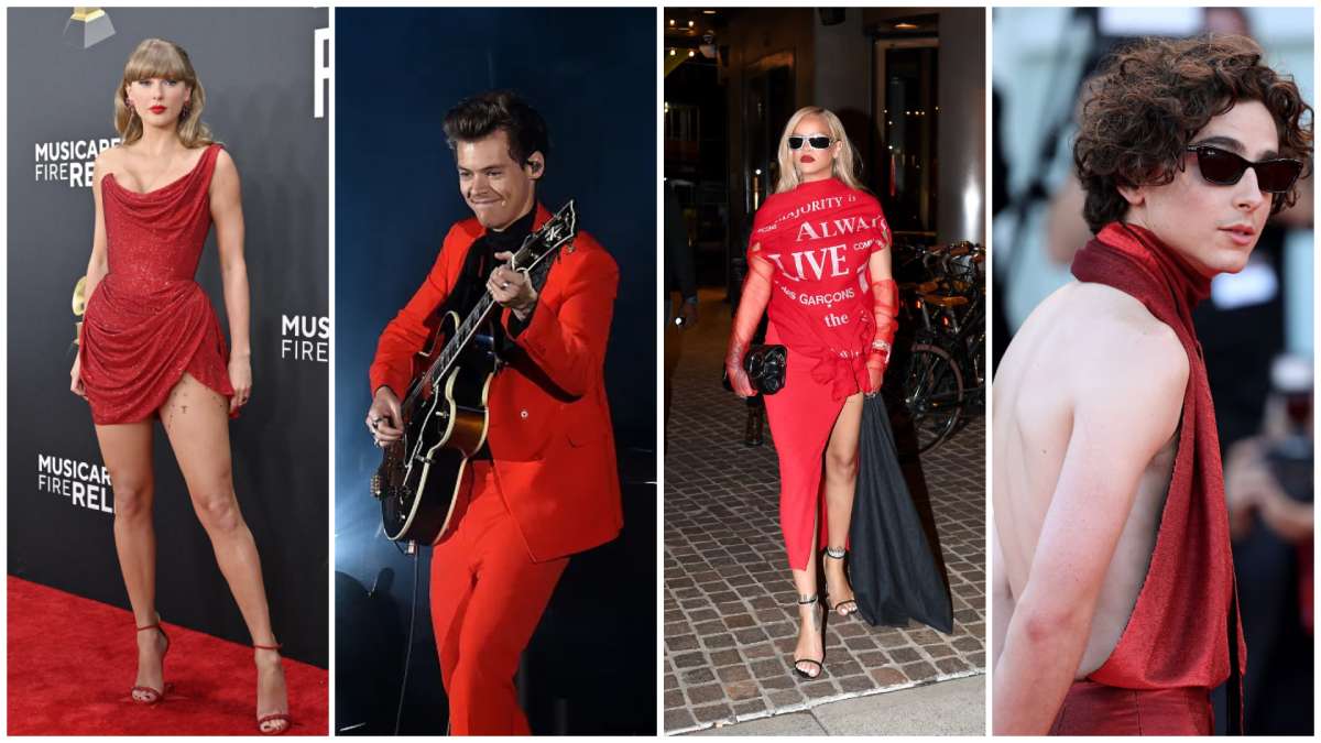 Fashion illustration collage showing celebrities Taylor Swift, Zendaya, Harry Styles, Rihanna, and Timothée Chalamet wearing different cherry red outfits and accessories.