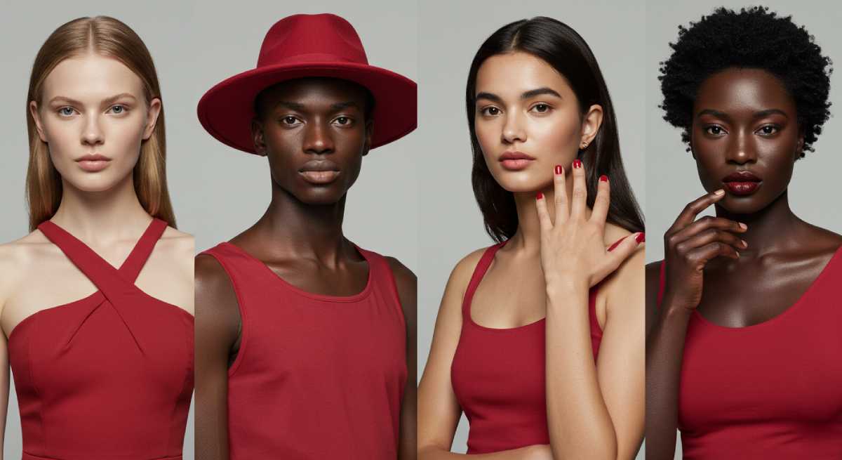 Four individuals with diverse skin tones and genders wear cherry red, showcasing the color's versatility across complexions.