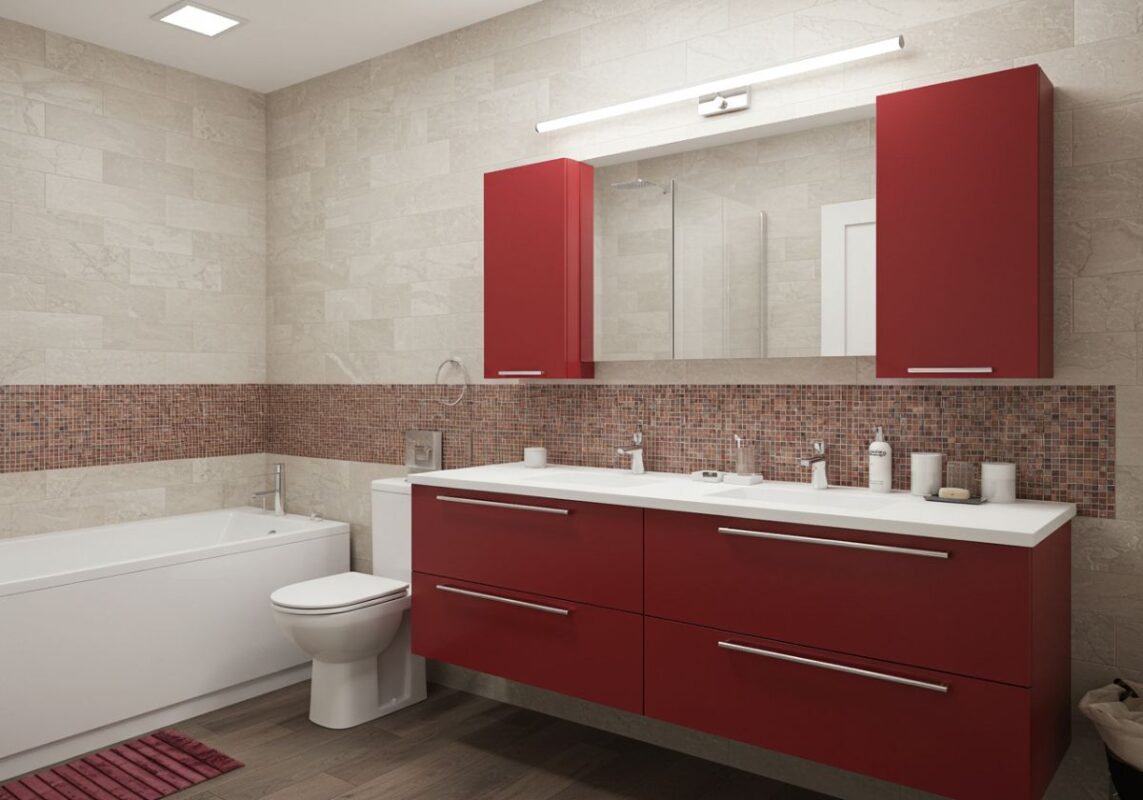 Bathroom interior with a striking cherry red vanity, a sleek white countertop, and matching fixtures.