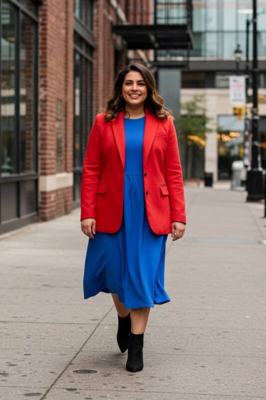 A woman wearing a cherry red blazer over a cobalt blue dress.