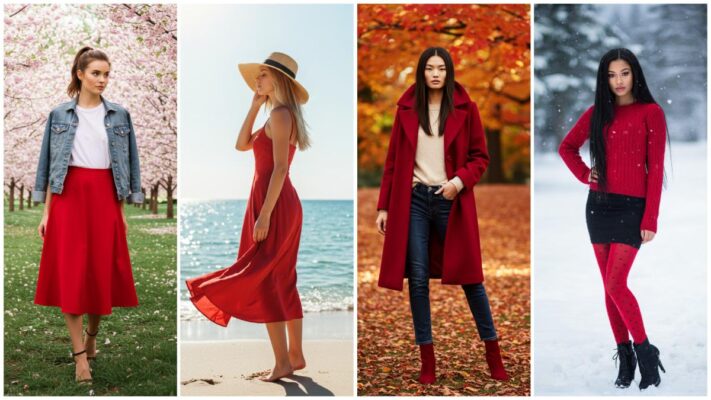 Four-panel collage showing models wearing cherry red clothing styled appropriately for spring, summer, fall, and winter seasons.