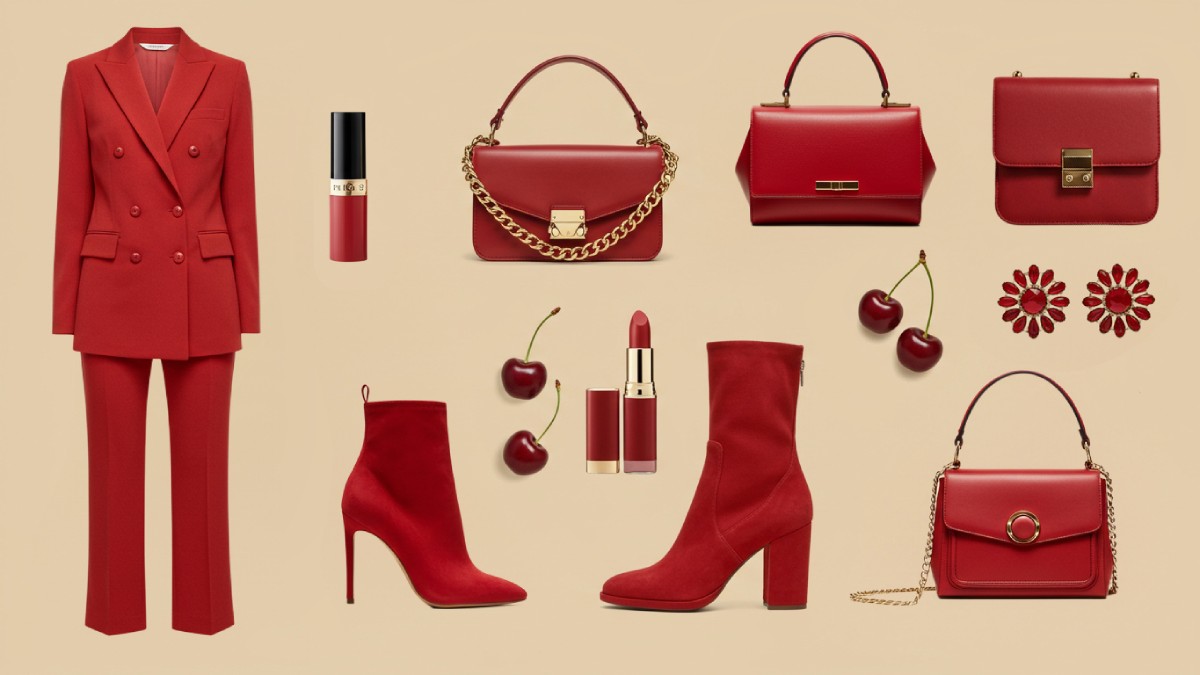 Fashion flat lay with cherry red blazer, handbag, boots, lipstick, earrings, and decorative cherries.